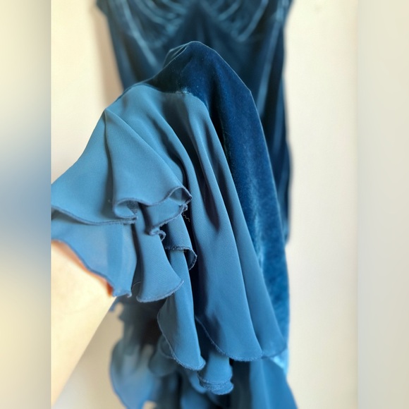 Betsey Johnson Velvet Slip Dress Teal Silk Blend Ruffle Hem Size 6 Y2K - Picture 6 of 7